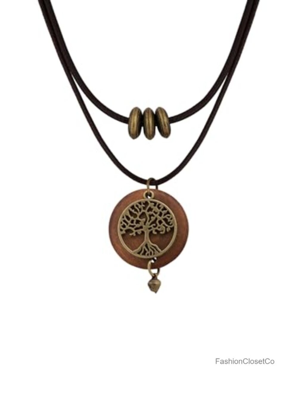 Wood Disk Tree of Life Pendant Choker Faux Leather Cord Necklace